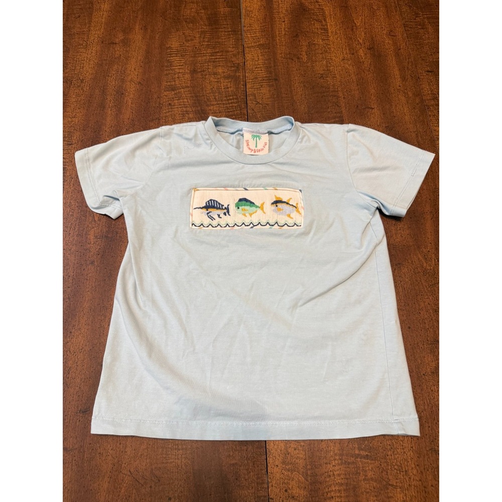 Shrimp & Grits Kids Blue Smocked Nautical Sailboat Fish Short Sleeve T Shirt
